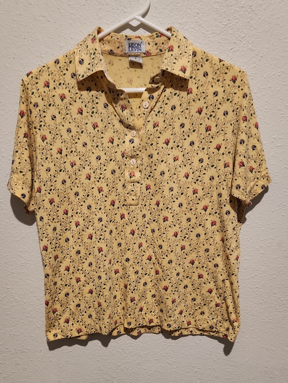 Vintage Leon Levin Yellow Rose Floral Polo Shirt | Cottagecore | Size M |80s 90s